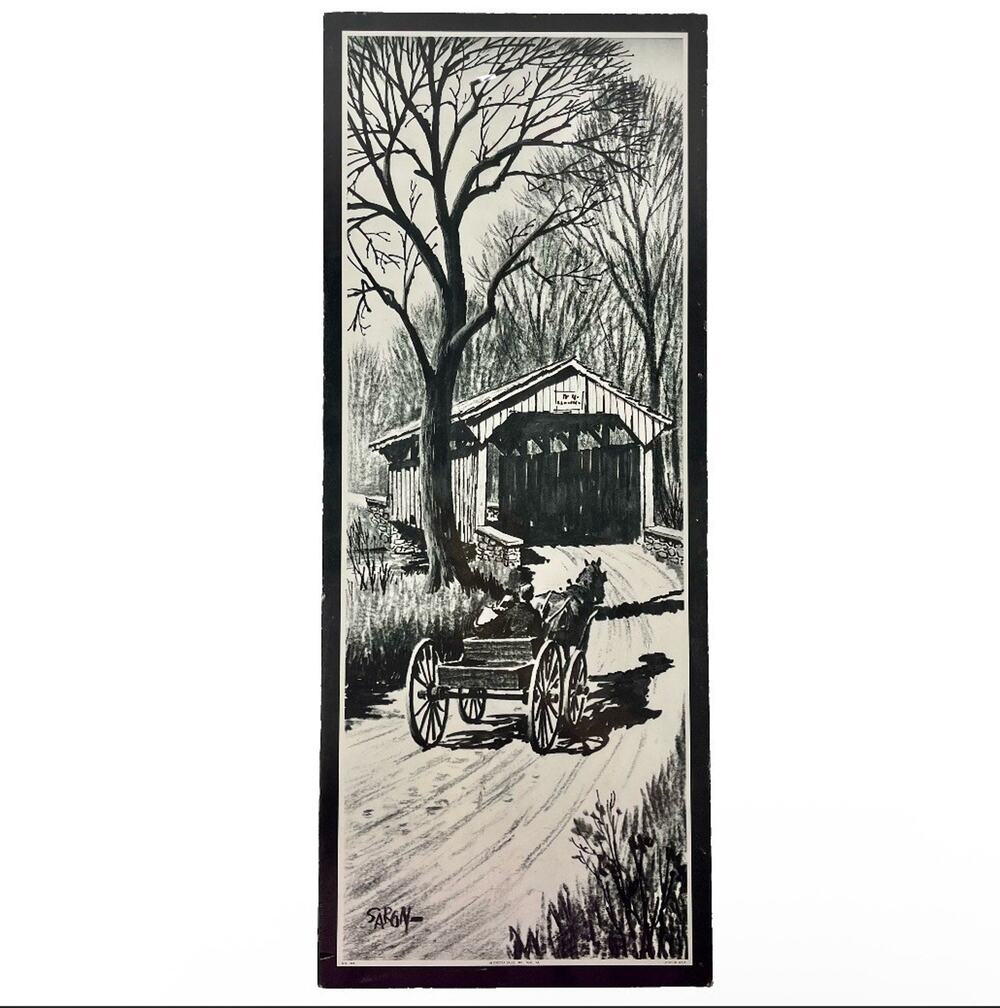 Vintage Saron Litho 1960's Horse Buggy Covered Bridge Art Print Black & White